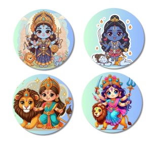 Durga and Kali. Fridge Magnets 4 Piece Set | 3 Inch Round Wall Fridge Decor (F22844)