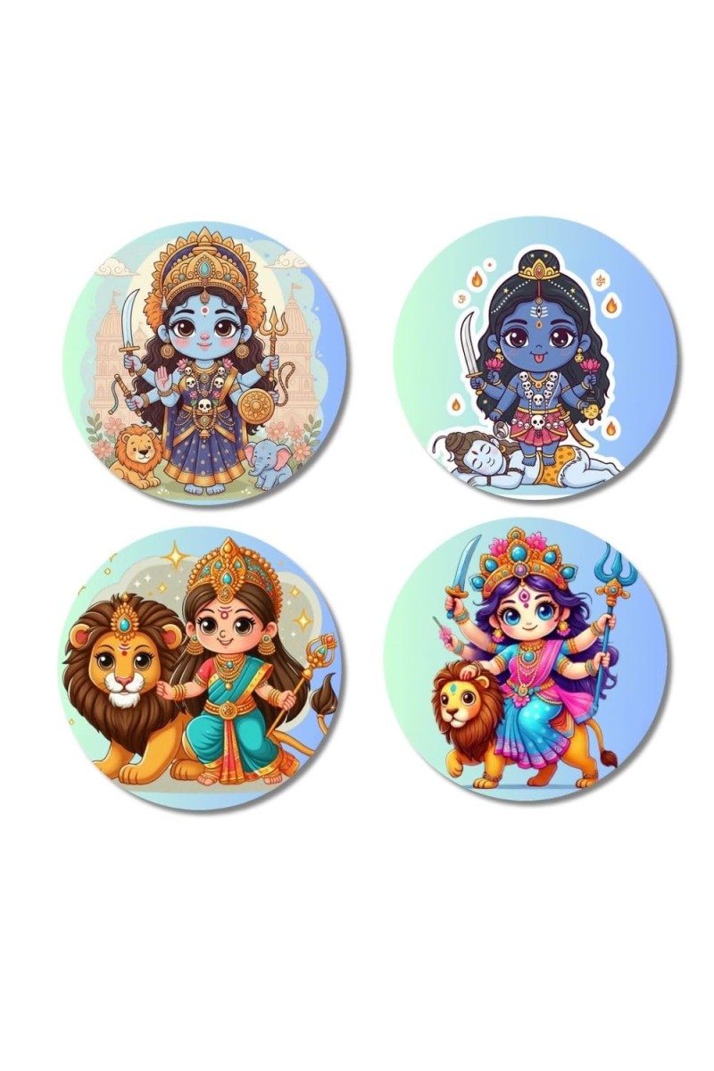 Durga and Kali. Fridge Magnets 4 Piece Set | 3 Inch Round Wall Fridge Decor (F22844)