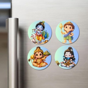 Hanuman, Ganesha, Shiva, and Krishna Fridge Magnets 4 Piece Set | 3 Inch Round Wall Fridge Decor (F22830)