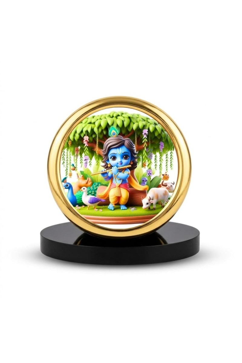 Car Desk/Table Top Little Krishna Metal Golden Photo Stand 2x2 Inches, Compact & Stylish Spiritual Display for Car, Home & Office (Pack of 1) (F18897)