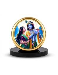 Car Desk/Table Top Lord Krsihna and Radha Metal Golden Photo Stand 2x2 Inches, Compact & Stylish Spiritual Display for Car, Home & Office (Pack of 1) (F18571)