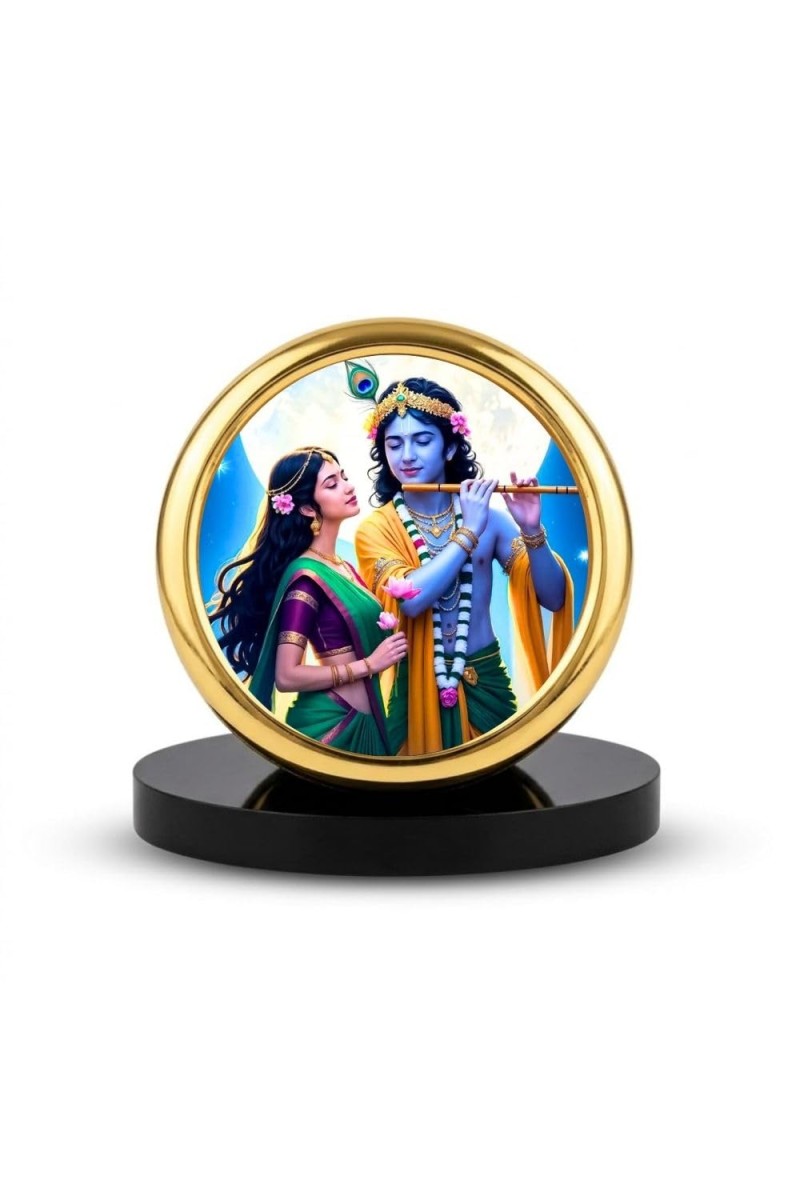 Car Desk/Table Top Lord Krsihna and Radha Metal Golden Photo Stand 2x2 Inches, Compact & Stylish Spiritual Display for Car, Home & Office (Pack of 1) (F18571)