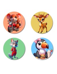 Mouse, Deer, Wolf, and Toucan. Fridge Magnets 4 Piece Set | 3 Inch Round Wall Fridge Decor (F23037)