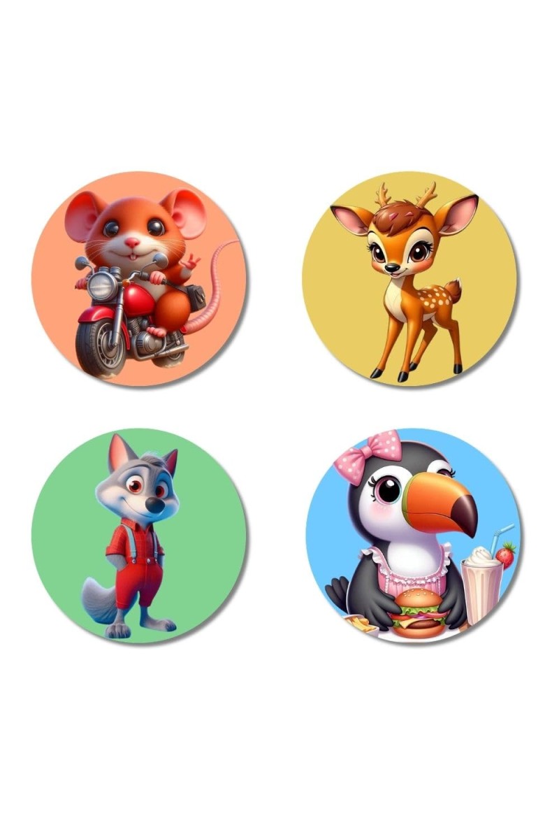 Mouse, Deer, Wolf, and Toucan. Fridge Magnets 4 Piece Set | 3 Inch Round Wall Fridge Decor (F23037)