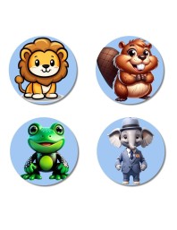 Lion, Beaver, Frog, and Elephant. Fridge Magnets 4 Piece Set | 3 Inch Round Wall Fridge Decor (F23093)