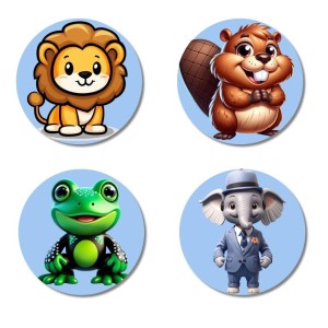 Lion, Beaver, Frog, and Elephant. Fridge Magnets 4 Piece Set | 3 Inch Round Wall Fridge Decor (F23093) Lion, Beaver, Frog, and Elephant. Fridge Magnets 4 Piece Set | 3 Inch Round Wall Fridge Decor (F23093)