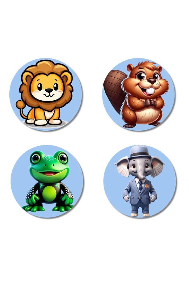 Lion, Beaver, Frog, and Elephant. Fridge Magnets 4 Piece Set | 3 Inch Round Wall Fridge Decor (F23093)