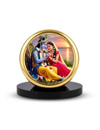 Car Desk/Table Top Radha Krishna Metal Golden Photo Stand 2x2 Inches, Compact & Stylish Spiritual Display for Car, Home & Office (Pack of 1) (F18738)