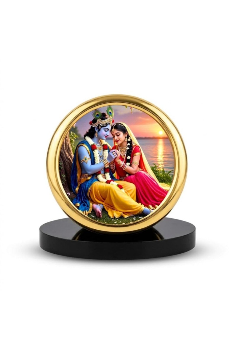 Car Desk/Table Top Radha Krishna Metal Golden Photo Stand 2x2 Inches, Compact & Stylish Spiritual Display for Car, Home & Office (Pack of 1) (F18738)