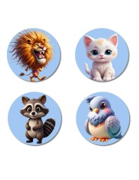 Lion, Cat, Raccoon, and Bird. Fridge Magnets 4 Piece Set | 3 Inch Round Wall Fridge Decor (F23145)
