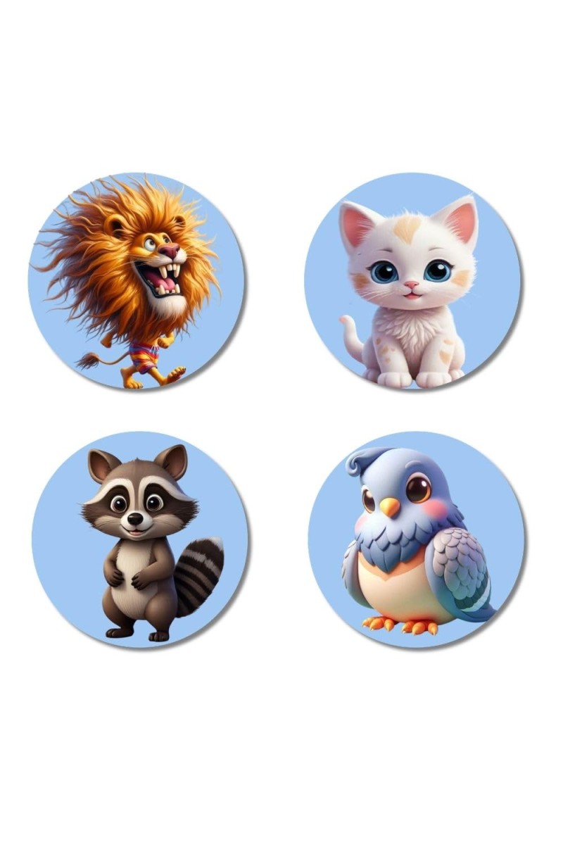 Lion, Cat, Raccoon, and Bird. Fridge Magnets 4 Piece Set | 3 Inch Round Wall Fridge Decor (F23145)