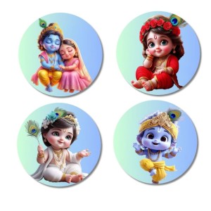 Radha and Krishna Fridge Magnets 4 Piece Set | 3 Inch Round Wall Fridge Decor (F23189)