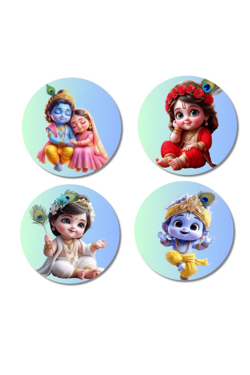 Radha and Krishna Fridge Magnets 4 Piece Set | 3 Inch Round Wall Fridge Decor (F23189)