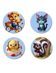 Lion, Cat, Chick, and Skunk. Fridge Magnets 4 Piece Set | 3 Inch Round Wall Fridge Decor (F23137)