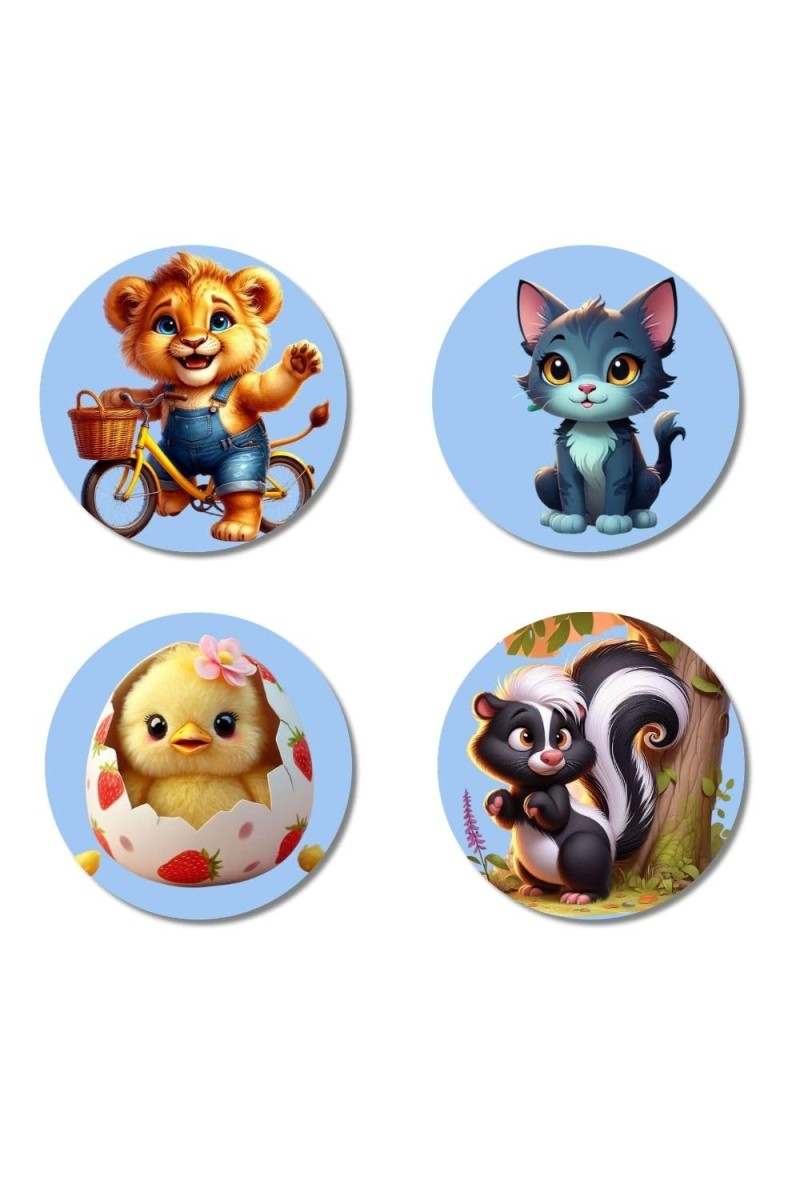 Lion, Cat, Chick, and Skunk. Fridge Magnets 4 Piece Set | 3 Inch Round Wall Fridge Decor (F23137)