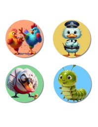 Rooster, Duck, Swan, and Caterpillar. Fridge Magnets 4 Piece Set | 3 Inch Round Wall Fridge Decor (F22994)