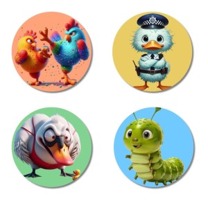 Rooster, Duck, Swan, and Caterpillar. Fridge Magnets 4 Piece Set | 3 Inch Round Wall Fridge Decor (F22994)