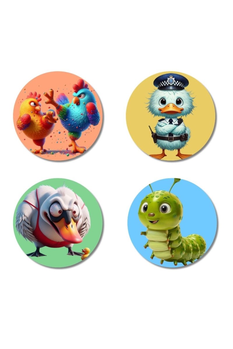 Rooster, Duck, Swan, and Caterpillar. Fridge Magnets 4 Piece Set | 3 Inch Round Wall Fridge Decor (F22994)