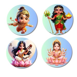 Hanuman, Durga, Saraswati, Lakshmi Fridge Magnets 4 Piece Set | 3 Inch Round Wall Fridge Decor (F23176)
