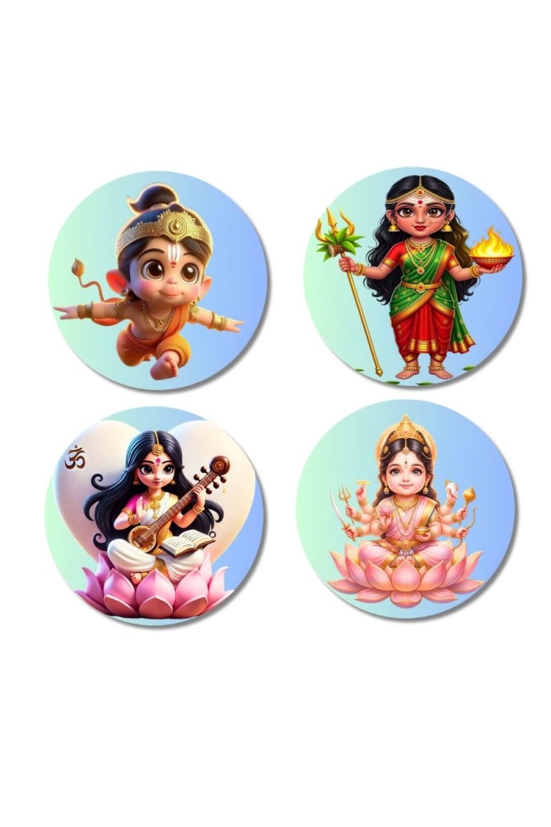 Hanuman, Durga, Saraswati, Lakshmi Fridge Magnets 4 Piece Set | 3 Inch Round Wall Fridge Decor (F23176)
