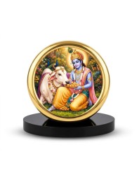 Car Desk/Table Top Lord Krishna Metal Golden Photo Stand 2x2 Inches, Compact & Stylish Spiritual Display for Car, Home & Office (Pack of 1) (F18786)