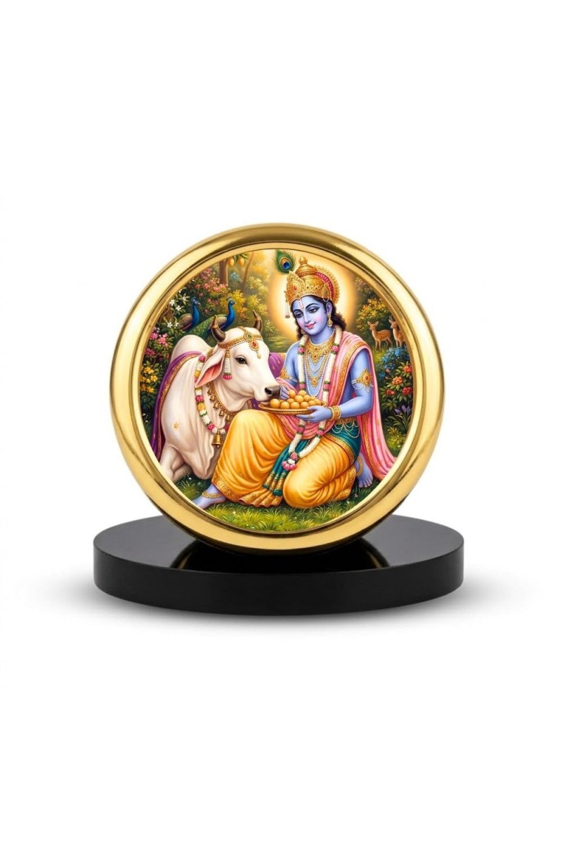 Car Desk/Table Top Lord Krishna Metal Golden Photo Stand 2x2 Inches, Compact & Stylish Spiritual Display for Car, Home & Office (Pack of 1) (F18786)