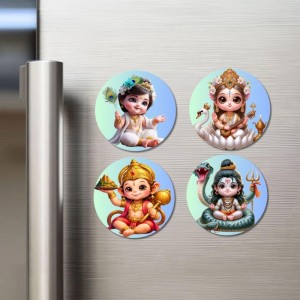 Krishna, Saraswati, Hanuman, Shiva Fridge Magnets 4 Piece Set | 3 Inch Round Wall Fridge Decor (F23171)