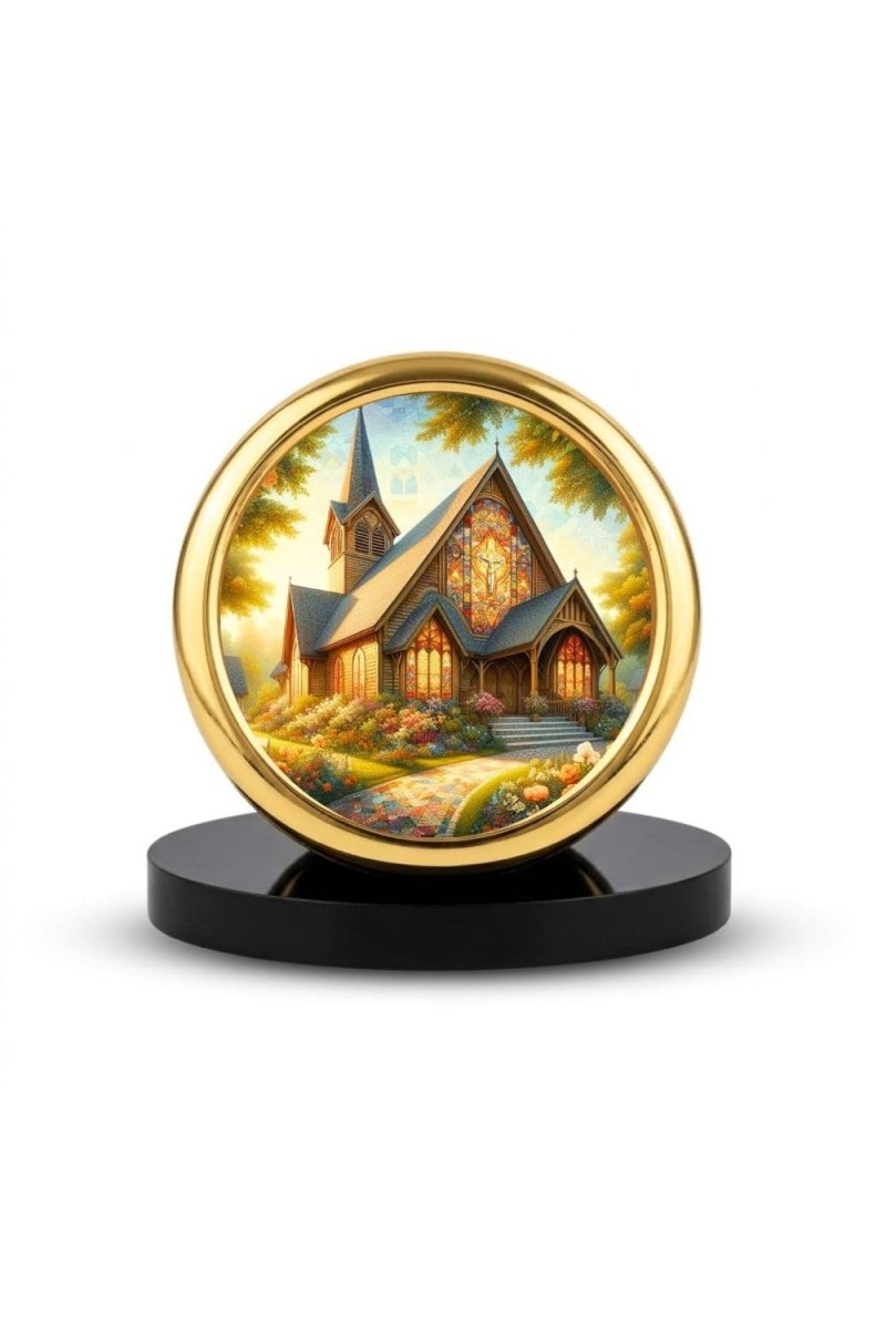 Car Desk/Table Top Beautiful Church Metal Golden Photo Stand 2x2 Inches, Compact & Stylish Spiritual Display for Car, Home & Office (Pack of 1) (F18724)