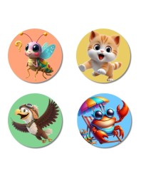 Monkey, Pigeon, Turtle, and Ladybug. Fridge Magnets 4 Piece Set | 3 Inch Round Wall Fridge Decor (F22960)