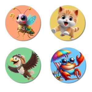 Monkey, Pigeon, Turtle, and Ladybug. Fridge Magnets 4 Piece Set | 3 Inch Round Wall Fridge Decor (F22960)