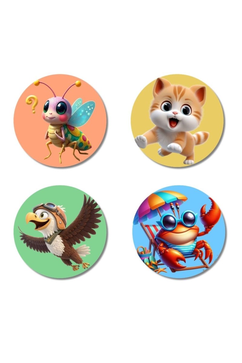 Monkey, Pigeon, Turtle, and Ladybug. Fridge Magnets 4 Piece Set | 3 Inch Round Wall Fridge Decor (F22960)