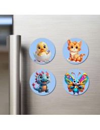 Chick, Cat, Dragon, and Butterfly. Fridge Magnets 4 Piece Set | 3 Inch Round Wall Fridge Decor (F23089)