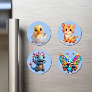 Chick, Cat, Dragon, and Butterfly. Fridge Magnets 4 Piece Set | 3 Inch Round Wall Fridge Decor (F23089)