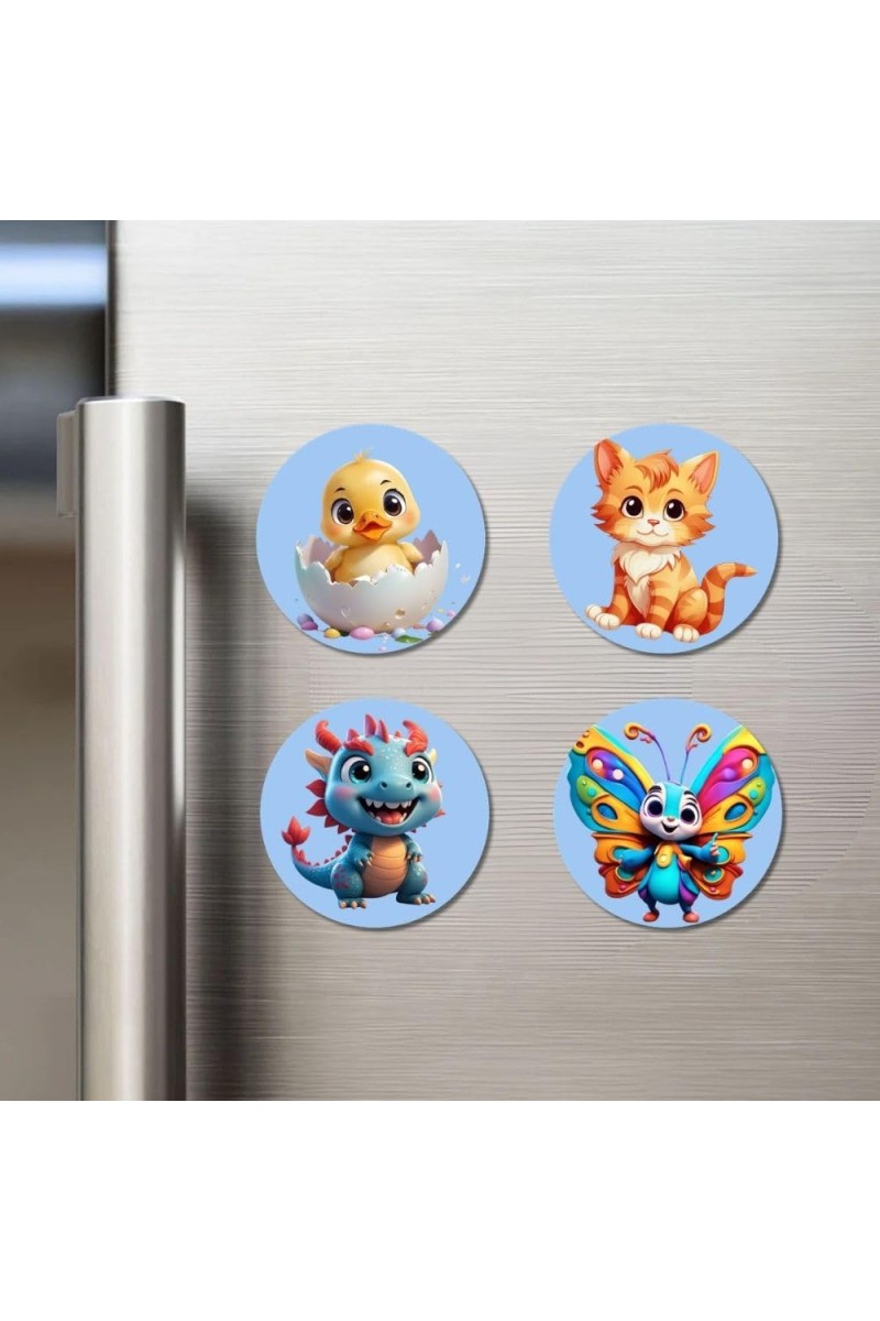 Chick, Cat, Dragon, and Butterfly. Fridge Magnets 4 Piece Set | 3 Inch Round Wall Fridge Decor (F23089)