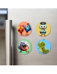 Rooster, Duck, Swan, and Caterpillar. Fridge Magnets 4 Piece Set | 3 Inch Round Wall Fridge Decor (F22994)