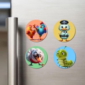 Rooster, Duck, Swan, and Caterpillar. Fridge Magnets 4 Piece Set | 3 Inch Round Wall Fridge Decor (F22994)