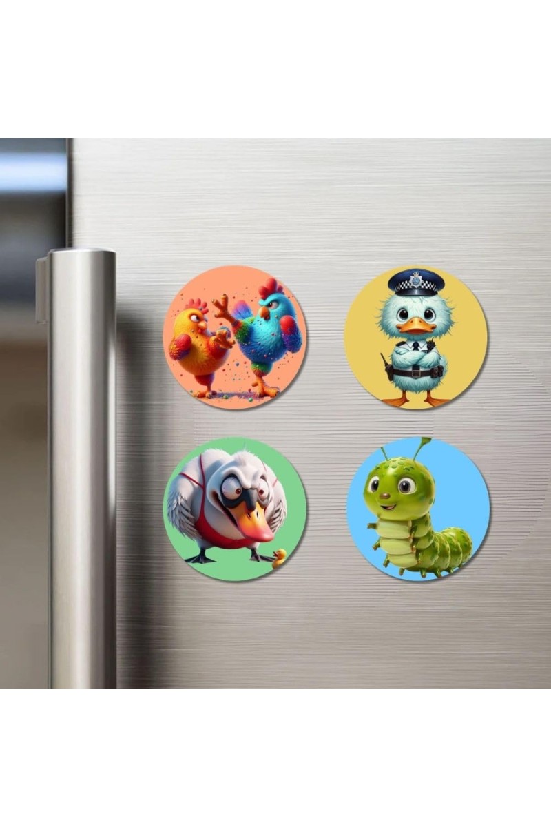 Rooster, Duck, Swan, and Caterpillar. Fridge Magnets 4 Piece Set | 3 Inch Round Wall Fridge Decor (F22994)