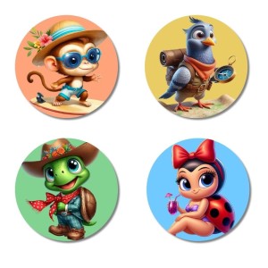 Monkey, Pigeon, Turtle, and Ladybug. Fridge Magnets 4 Piece Set | 3 Inch Round Wall Fridge Decor (F22961) Monkey, Pigeon, Turtle, and Ladybug. Fridge Magnets 4 Piece Set | 3 Inch Round Wall Fridge Decor (F22961)