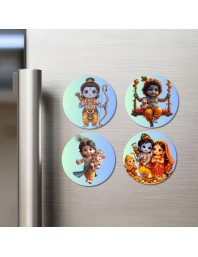 Rama, Krishna, Sita, and Hanuman. Fridge Magnets 4 Piece Set | 3 Inch Round Wall Fridge Decor (F22840)