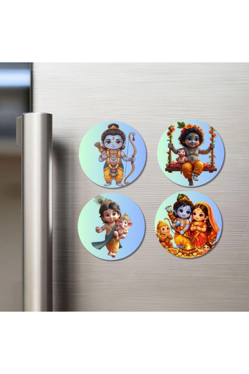 Rama, Krishna, Sita, and Hanuman. Fridge Magnets 4 Piece Set | 3 Inch Round Wall Fridge Decor (F22840)