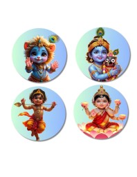 Krishna, Baby Lakshmi Fridge Magnets 4 Piece Set | 3 Inch Round Wall Fridge Decor (F23259)