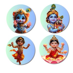 Krishna, Baby Lakshmi Fridge Magnets 4 Piece Set | 3 Inch Round Wall Fridge Decor (F23259)