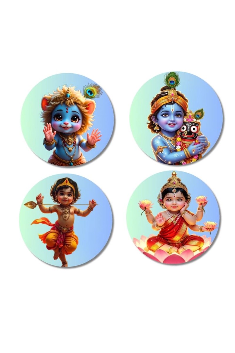 Krishna, Baby Lakshmi Fridge Magnets 4 Piece Set | 3 Inch Round Wall Fridge Decor (F23259)