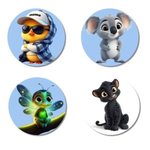 Duckling, Koala, Firefly, Panther Cub Fridge Magnets 4 Piece Set | 3 Inch Round Wall Fridge Decor (F23161)
