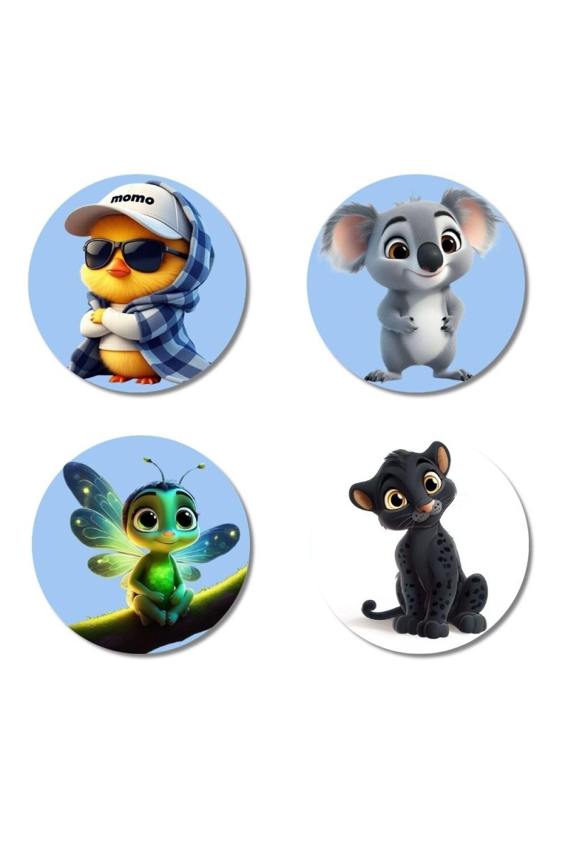 Duckling, Koala, Firefly, Panther Cub Fridge Magnets 4 Piece Set | 3 Inch Round Wall Fridge Decor (F23161)