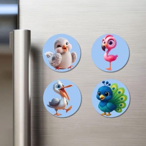 Bird, Flamingo, Pelican, and Peacock. Fridge Magnets 4 Piece Set | 3 Inch Round Wall Fridge Decor (F23085)