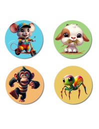Mouse, Cow, Chimpanzee, and Spider. Fridge Magnets 4 Piece Set | 3 Inch Round Wall Fridge Decor (F22935)