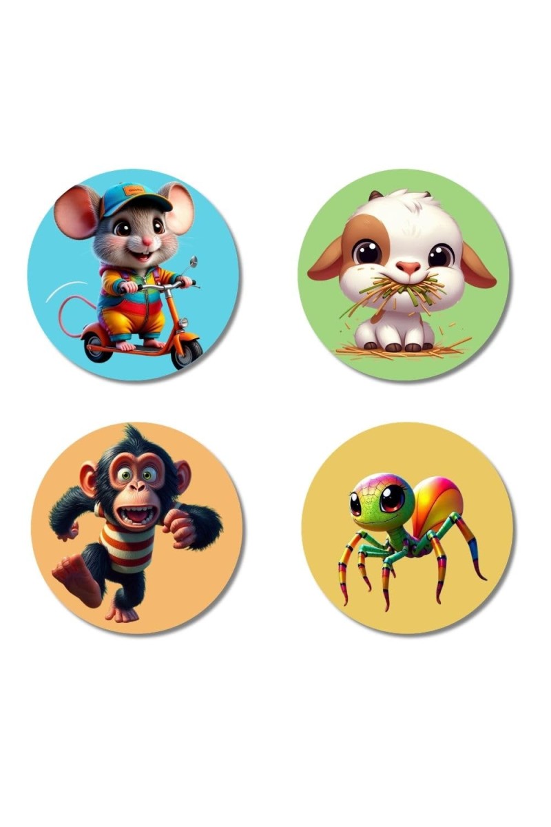 Mouse, Cow, Chimpanzee, and Spider. Fridge Magnets 4 Piece Set | 3 Inch Round Wall Fridge Decor (F22935)