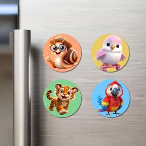 Snail, Bird, Tiger, and Parrot. Fridge Magnets 4 Piece Set | 3 Inch Round Wall Fridge Decor (F22986)