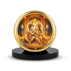 Car Desk/Table Top Radha Krishna Metal Golden Photo Stand 2x2 Inches, Compact & Stylish Spiritual Display for Car, Home & Office (Pack of 1) (F18885)